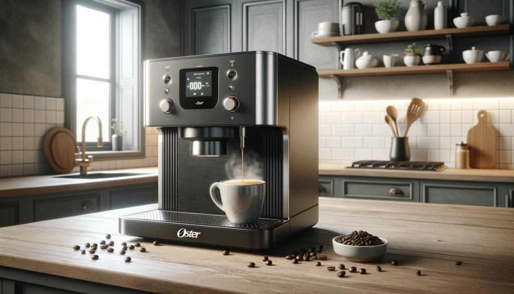 Cafeteira-Espresso-Oster-PrimaLatte-em-cozinha-moderna-com-xícara-de-café-e-grãos-de-café