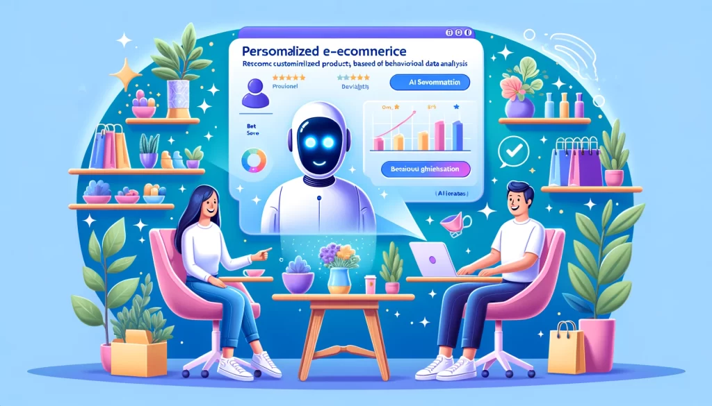 Avatares de IA recomendando produtos personalizados a usuários em ambiente de e-commerce