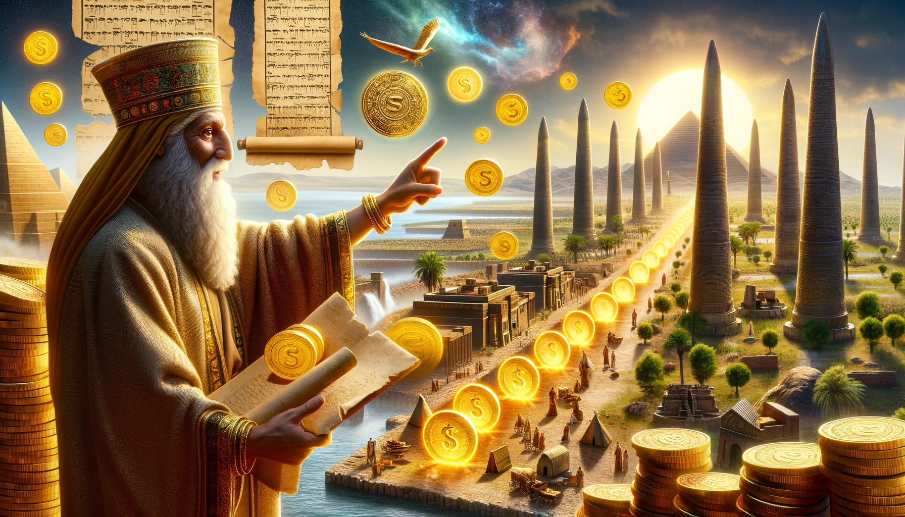 Representação artística da Babilônia com um sábio indicando moedas de ouro em crescimento através do investimento em símbolos de riqueza antigos.