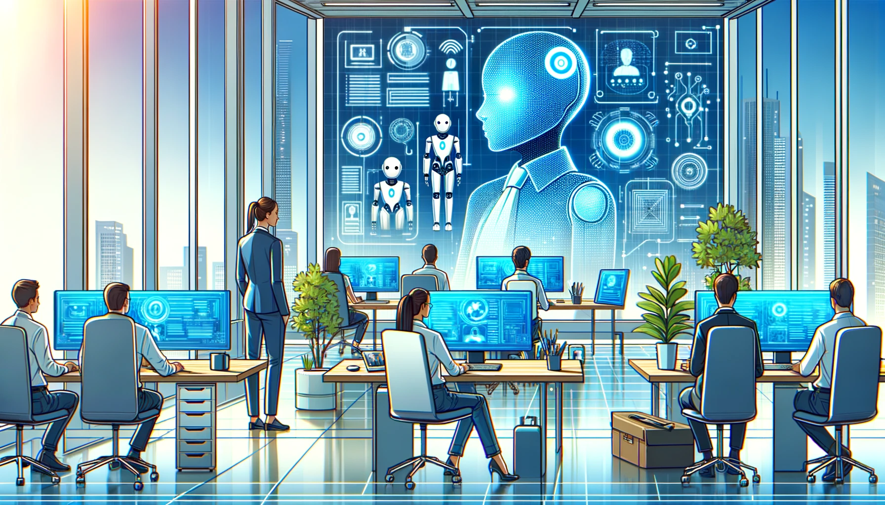 Escritório moderno com humanos e robôs de IA trabalhando juntos com telas de holograma