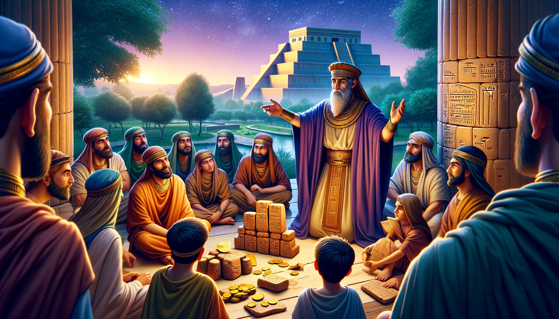 Arkad ensinando jovens e adultos em um jardim babilônico com a Torre de Babel ao fundo.