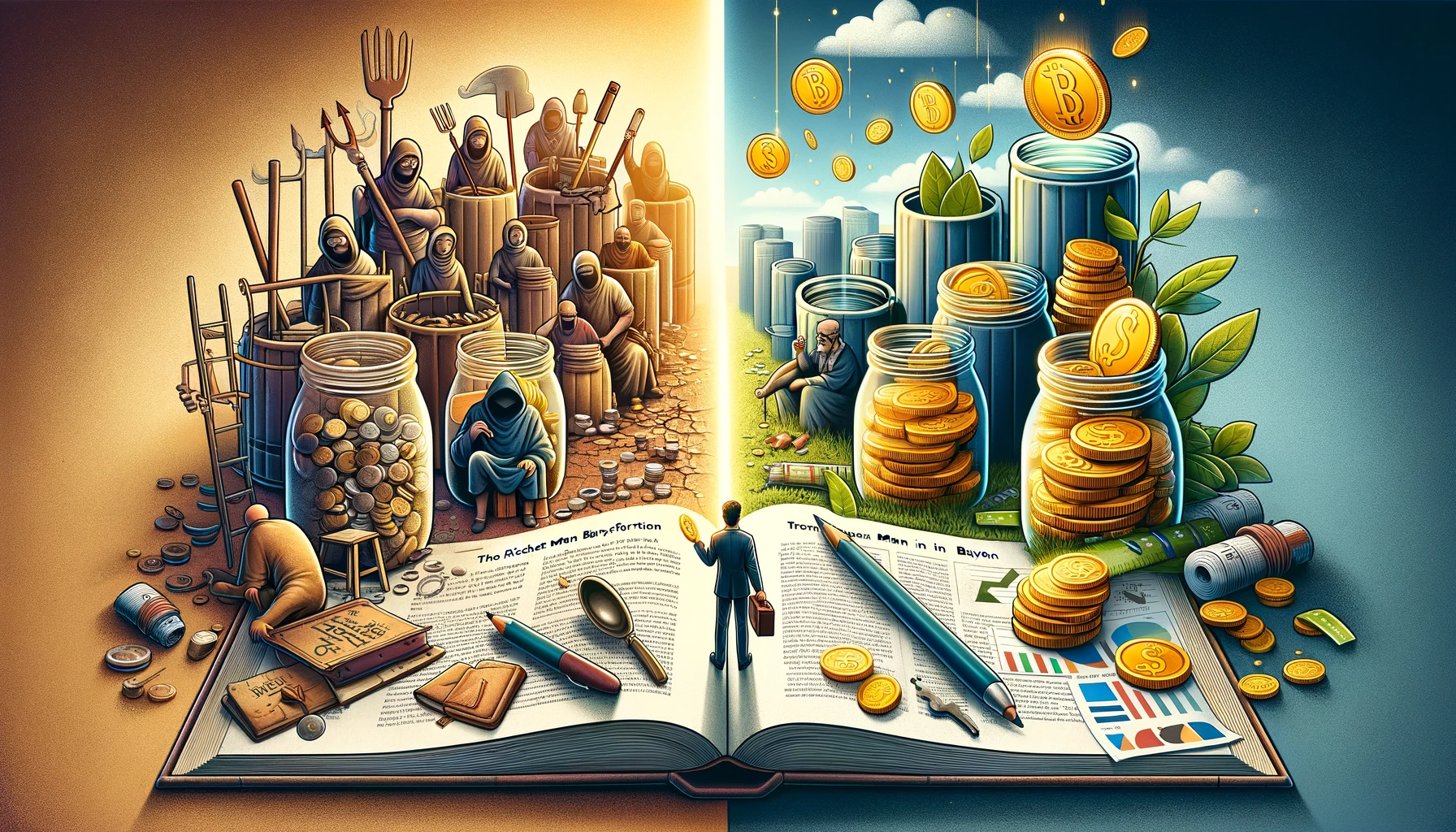 Transformação de desafios financeiros em prosperidade, com um livro aberto simbolizando a ponte entre os dois mundos.