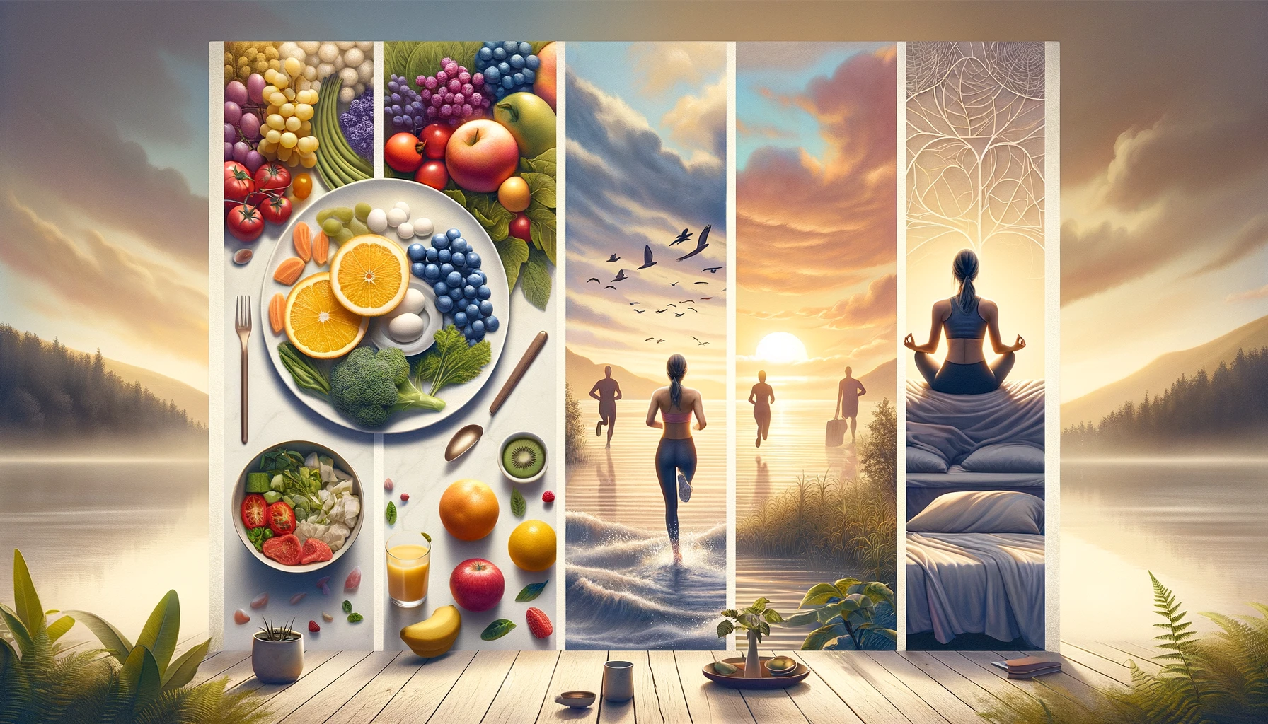 Quatro pilares de uma vida saudável: jejum intermitente, comida saudável, atividade física e meditação, em estilo hiper-realista.