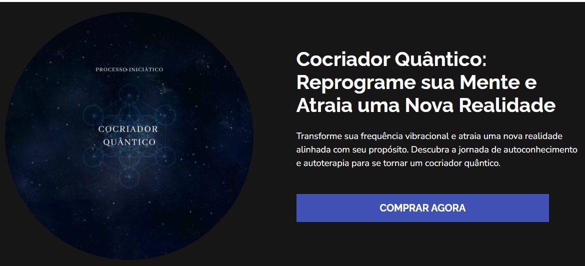 Banner do curso Cocriação Quântica, mostrando como reprogramar sua mente e transformar sua realidade.